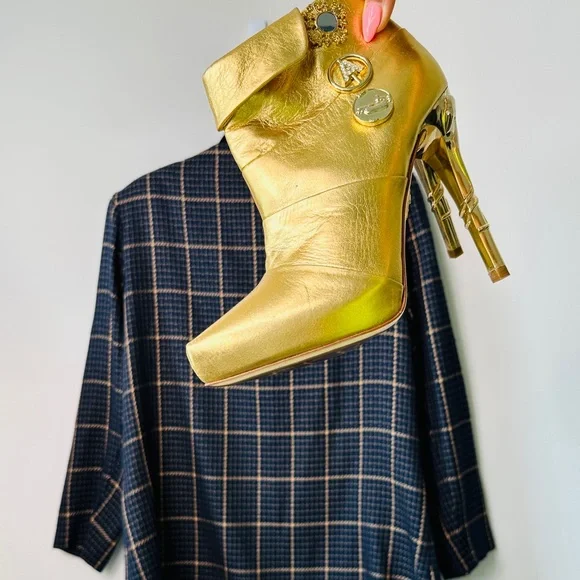 Gorgeous Anna Dello Russo Gold Genuine Leather Ankle Boots Size 40NWOT